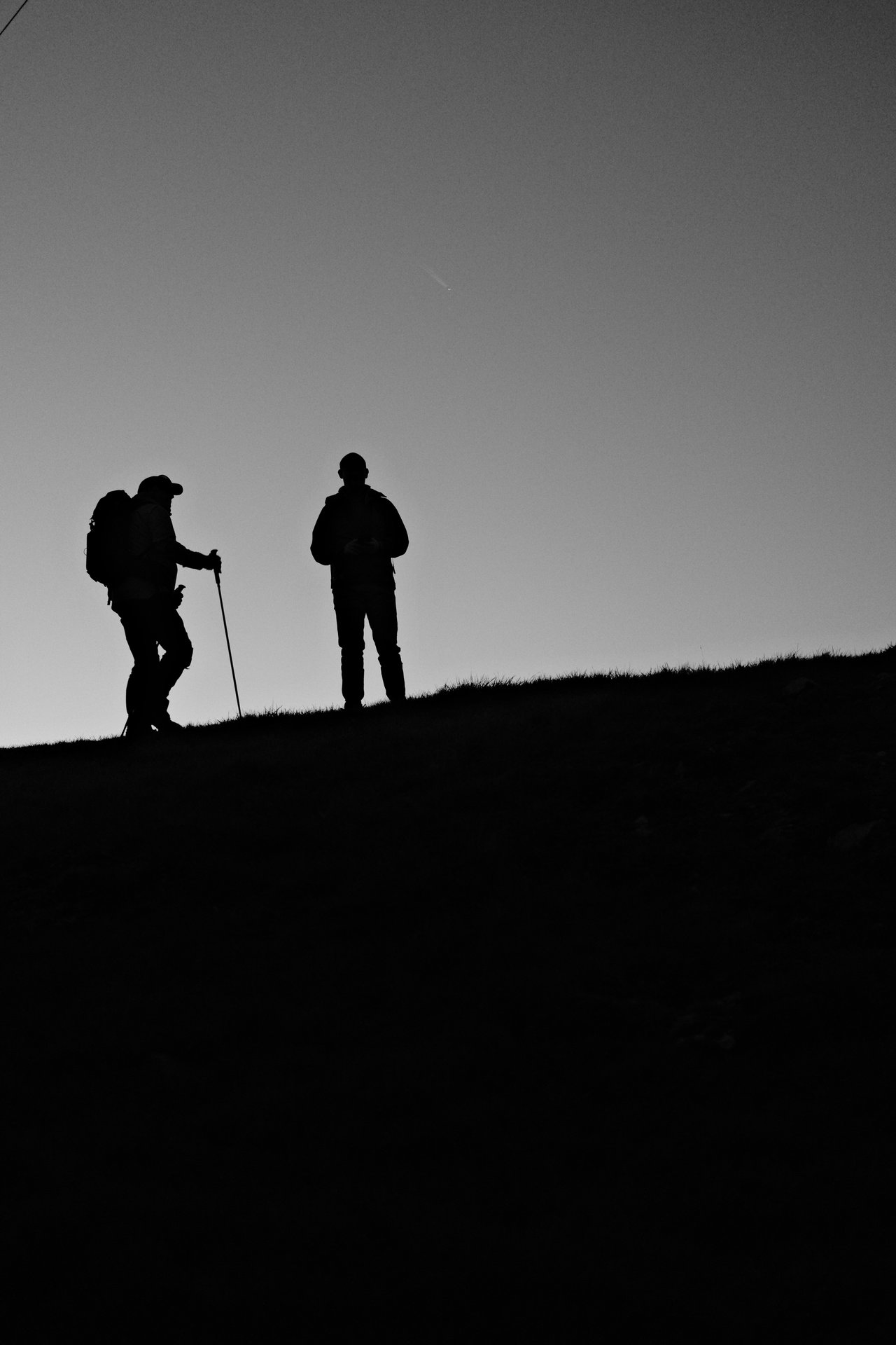Two backpackers with trekking poles are silhouetted in black against a pale sky while walking along the edge of a dark grassy slope.